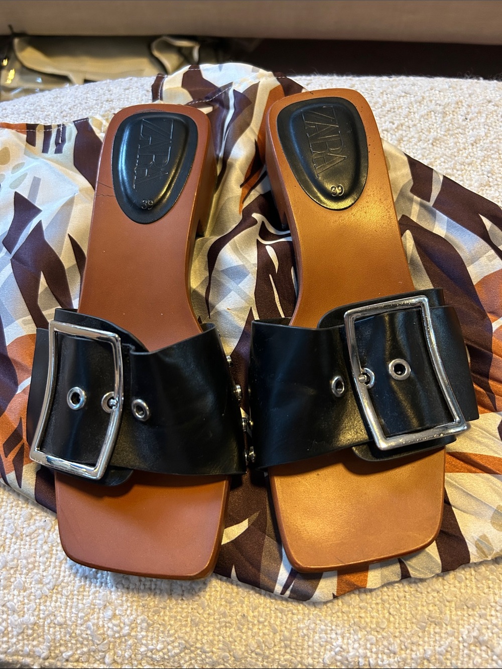 Zara Black Slide Sandals with Silver Buckles